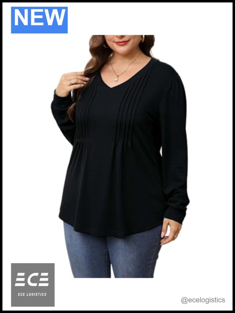 Plus Size Long Sleeve Tunic Top V Neck Pleated Puff Sleeve Loose Fit Blouse